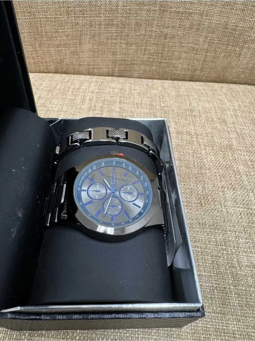 American Exchange Men's Quartz Chronograph Tachymeter Black Bracelet Watch Box